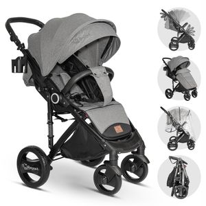 BRONEA® Reisebuggy MIT LIEGEFUNKTION | Kinderbuggy klappbar bis 25kg | Wendige Räder | Leichter Buggy | Mit abnehmbaren Verdeck | Großer Korb | Grau-schwarz