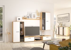 FURNIX Mediawand SARAI Wohnwand Wohnzimmerschrank mit TV Board, Vitrine und LED 4-teilig 240 cm modern Weiß-Eiche Artisan