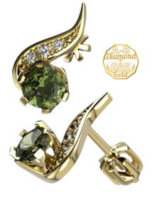 Zlaté náušnice Green Flame s kulatým diamantem SI1-G a diamantem 0,0404 ct