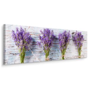 Muralo Panoramabild Canvas Lavendel Blumen Pflanzen Natur Holz 3D Wandbild Br. 145 cm x Hö. 45 cm
