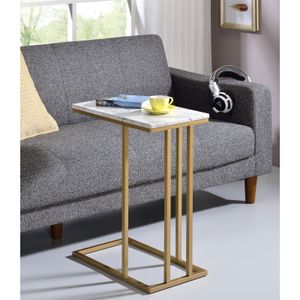Beistelltisch CARLOTA, Wohnzimmertisch Couchtisch rechteckig im Retro Stil, Metallgestell in gold MDF Tischplatte Nachbildung Marmor weiß