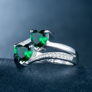 Damen-Ring, doppeltes Herz, funkelnder Zirkonia, modisches Aussehen, Fingerband für Party-Grün,US 7
