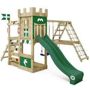 WICKEY Hrací věž Rytířský hrad DragonFlyer s houpačkou a skluzavkou, hrací domeček s pískovištěm, žebříkem na lezení a hracími doplňky - zelená barva