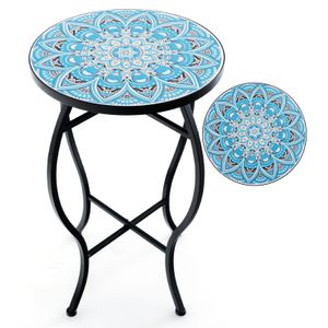 Bočný stolík COSTWAY ∅30x50cm, okrúhly mozaikový stolík, záhradný bistro stolík, z kovu, keramika, modrá farba