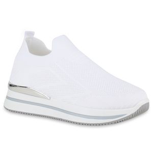 VAN HILL Damen Plateau Sneaker Strick Profil-Sohle Slip On Stoff-Schuhe 840968, Farbe: Weiß, Größe: 41