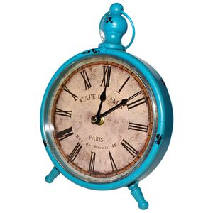 Tischuhr Nostalgie Antik Vintage Retro (24x16cm) Große Runde Türkisblaue Uhr mit Römischen Ziffern, Metall Standuhr mit Lautlosem Quartz Uhrwerk, Deko-Uhr für Tisch und Regal