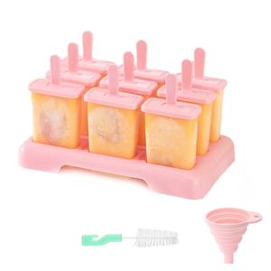 Eisformen Set,9 Wiederverwendbare Eis am Stiel Formen, BPA Frei,Inklusive Reinigungsbürste und Silikon Falttrichter(Rosa)