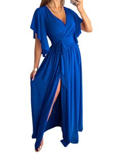 Damen Kurzarm Langes Kleid Urlaub gegen Nacken Maxi Kleider lässig Einfarbige Summer Strand Sunddress,Farbe:Blau,Größe:2xl