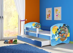 ACMA Jugendbett Kinderbett Junior-Bett Komplett-Set mit Matratze Lattenrost und Rausfallschutz Blau 21 Piraten 160x80 + Bettkasten