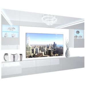 BELINI Wohnwand Vollausstattung Wohnzimmer-Set Moderne Schrankwand mit LED-Beleuchtung Weiß Glänzend Anbauwand TV-Schrank Weiß Glänzend