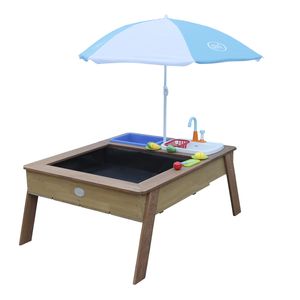 AXI Linda Sand & Wassertisch aus Holz mit Spielküchenspüle | Matschtisch / Spielküche / Wasserspieltisch / Sandtisch für Kinder in Braun mit Sonnenschirm