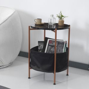 Odkládací stolek Suonenjoki s úložným košíkem Konferenční stolek Pohovka s úložným prostorem Noční stolek kulatý 59x47cm Bronzová barva / mramorový vzhled Černá barva