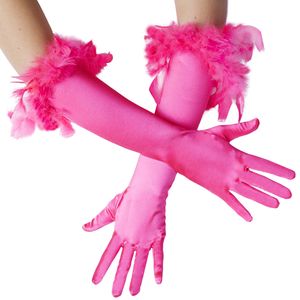 Lange Satin-Handschuhe mit Federn - pink