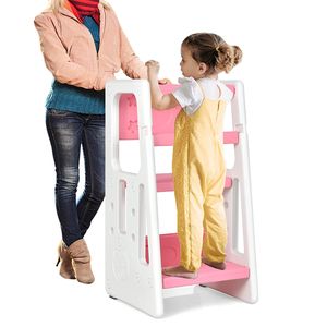 Verstellbarer Lernturm, Kinderhocker aus HDPE, Trittschemel mit 3 Stufen & Anti-Rutsch-Funktion, Einstellbarer Küchenhelfer, Tritthocker für Baby & Kleinkinder von 18-60 Monate (Rosa + Weiß)