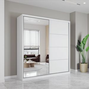 Schwebetürenschrank Kleiderschrank Schrank 203cm Weiß/Weiß matt mit Spiegel und Zierleisten Pola 42 B Schwebetürenschrank Kleiderschrank Schrank 203cm Weiß/Weiß matt mit Spiegel und Zierleisten Pola 42 B