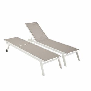 Set mit 2 ELSA Sonnenliegen aus weißem Aluminium und taupefarbenem Textilene, Liegestühle mit mehreren Positionen und Rädern