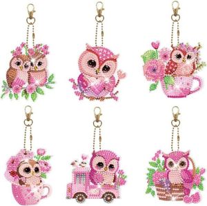 Prívesok na kľúče s diamantovou maľbou "Owls Pink" set of 6