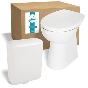 Calmwaters® Spülrandloses Stand-WC mit 7 cm Erhöhung im Set mit WC-Sitz mit Absenkautomatik und Spülkasten - 99000187