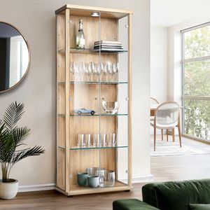 K-Möbel Glasvitrine stehend in Buche Nachbildung (176x67x33 cm) mit 4 höhenverstellbaren Glasböden & LED - Standvitrine - Vitrinenschrank - Sammlervitrine