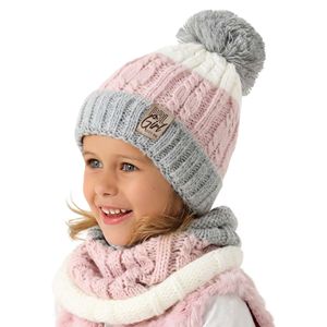 Mädchen Wintermütze Strickmütze mit Schlauchschal Winterset, Gr. 52-54, Rosa-Grau-Creme