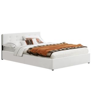 Čalouněná postel Marbella 300151, s postelovým boxem a lamelovým roštem, z umělé kůže a dřeva, bílá, 140 x 200 cm