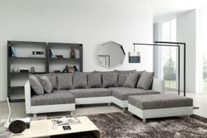 Wohnlandschaft Sofa Couch Ecksofa Eckcouch + Hocker weiß / hellgrau Minsk XXL