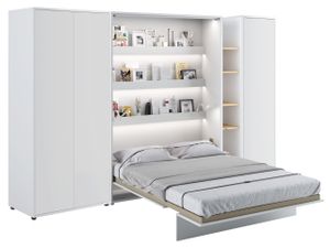 Wohnwand mit Schrankbett Bed Concept 180x200 Wandbett-Set Kleiderschrank Regalschrank Regal Led Beleuchtung Weiß/Artisan Eiche