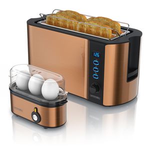 Arendo Frühstücks-Set 2-teilig, 4 Scheiben Langschlitz-Toaster 1500W, 3er Eierkocher, Kupfer