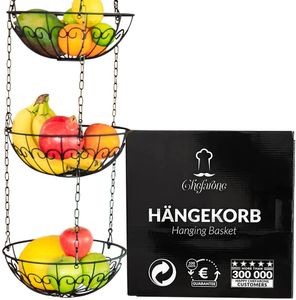Obstkorb hängend - 130cm Küchenampel für mehr Platz auf Ihrer Arbeitsplatte - Obst Hängekorb Küche - Obstschalen zum Aufhängen(schwarz)