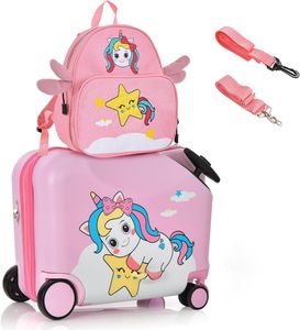 COSTWAY 2tlg Kinderkoffer + Rucksack, 12"+18" Kindertrolley mit Rollen und wasserdichter Hartschale, Kindergepäck, Rollkoffer mit Rucksack für Jungen und Mädchen (Einhorn)