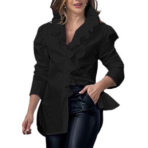 Damen Hemden Langarm Elegante Tunika Bluse Bequeme Rüschenoberteile Business Shirt Schwarz,Größe:2XL