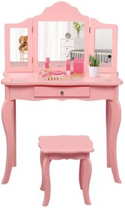COSTWAY Dětský toaletní stolek se stoličkou a odnímatelným zrcadlem, dívčí toaletní stolek dřevěný, dětský stolek se zásuvkou, zrcadlový stolek 70x34x103cm (růžový)