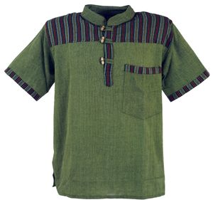 Nepal Fischerhemd, Gestreiftes Goa Hippie Kurzarmhemd - Olive, Herren, Grün, Baumwolle, Größe: M