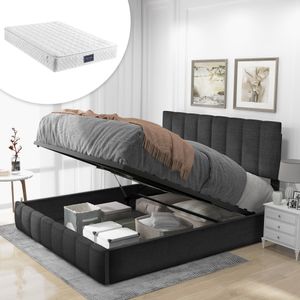 Merax Hydraulická posteľ Boxspring 140x200 cm s úložným priestorom a zásuvkou, posteľ s pružinovým matracom, čalúnená posteľ s lamelovým roštom a úložným priestorom, sivá