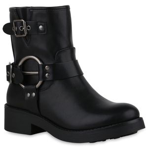 VAN HILL Damen Leicht Gefütterte Biker Boots Schnallen Nieten Schuhe 840843, Farbe: Schwarz, Größe: 36