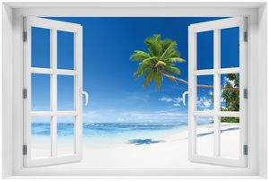 Wallario Premium Glasbild mit Fensterrahmen, freischwebende Optik, kräftige Farben, Größe 60 x 90 cm Motiv Weißer Sandstrand am Meer - Ein Traum unter Palmen