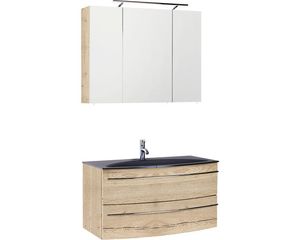 Badmöbel-Set Marlin 3040 Frontfarbe Eiche natur Holzdekor 3-teilig mit Glas-Waschtisch BxHxT 90,4 x 198,2 x 47,9 cm mit Spiegelschrank