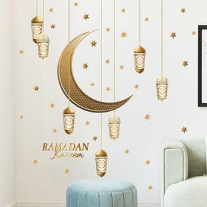 Ramadan Aufkleber Wanddekoration, Eid Mubarak Wandkunst Dekoration, Mond Sterne Buchstaben Selbstklebende Aufkleber Golddekor, Wandaufkleber