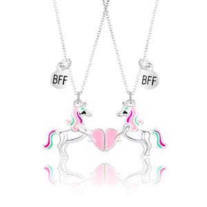 Bixorp Náhrdelník priateľstva pre 2 s jednorožcami a srdcom - magnetický náhrdelník v striebornej farbe - BFF náhrdelník - darček k narodeninám