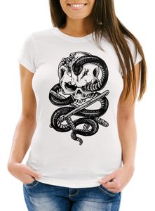 Damen T-Shirt Totenkopf Schlange Skull Snake Slim Fit Neverless® weiß M