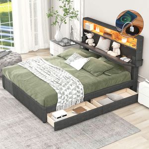Čalouněná postel Flieks 140x200 cm s USB, manželská postel se 2 zásuvkami, úložný prostor pro mládež s LED diodami, dřevěná postel s roštovým rámem, povlečení, šedá barva
