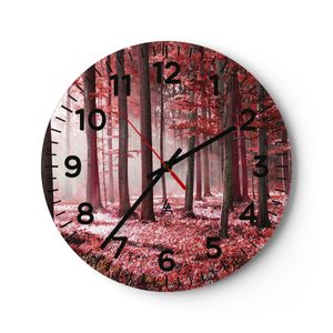 Wanduhr - Rund - Glasuhr - Wald Rot Bäume - 40x40cm - Schleichendes Uhrwerk - Lautlos - zum Aufhängen bereit - Dekoration Modern - Wanddekoration aus Glas - C4AR40x40-4944