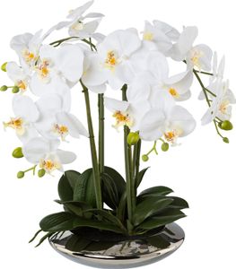 Umelá kvetina orchidea phalaenopsis 4 výhony v keramickej striebornej miske 41 cm biela