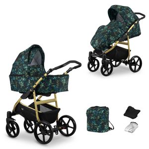 Kinderwagen MATA Sportwagen Babywagen Babyschale Komplettset Kinder Wagen Set 2 in 1 (blätter, Rahmenfarbe: Gold)