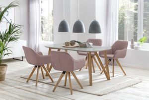 SalesFever Essgruppe 5-tlg. | 160 x 90 cm | Tischplatte grau + Gestell Eiche | 4x Stuhl Textil rosa + Beine Eiche