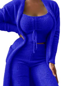 Damen Mit Taschen 3-teilig Crop Tanft Tops Strickjacken Outfit Set Ärmellose Weitbein Sets Blau,Größe:M