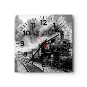 Wanduhr - Quadrat - Glasuhr - Zug Schwarzweiß Rauch - 30x30cm - Schleichendes Uhrwerk - Lautlos - zum Aufhängen bereit - Dekoration Modern - Wanddekoration aus Glas - C4AC30x30-4315