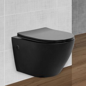 ECD Germany Bezsplachový závesný klozet s odnímateľným WC sedátkom, 36x34x52 cm, matná čierna farba, keramika, mechanizmus Softclose s pozvoľným zatváraním, umývací klozet, predĺžený výstupok 52 cm