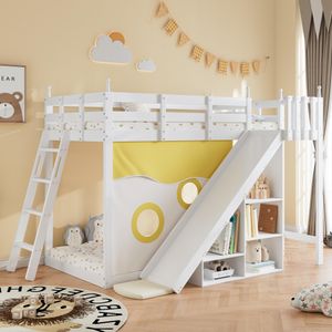 Flieks Etagenbett 90x200cm mit Rutsche & Rausfallschutz, Kinderbett Hochbett mit Leiter & Regal, Holzbett Stockbett mit Lattenrost, Weiß