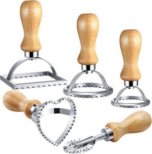 5 Stücke Ravioli Stempel Set Quadratische Runde Ravioli Hersteller Rad Herz Maker Form mit Holzgriff für Ravioli, Pasta, Knödel Werkzeug